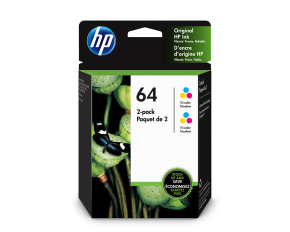 HP 64 Tri-Color Ink Cartridge, 2/Pack (6ZA55AN)